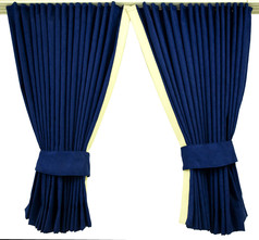 Dunkelblaue LKW-Innengardinen aus Polyester, mit hellen Rndern und Rckhaltebndern.