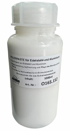 Weie 1000ml Polierpaste fr Edelstahl und Aluminium in Weithalsflasche mit Schraubverschluss.