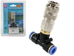 T-Stck Schnellkupplung 6mm aus schwarzem Kunststoff mit blauen Anschlssen und silberner Metallkupplung.