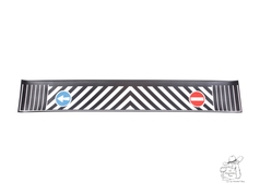 Schwarze PVC Heckschrze mit wei-schwarzen Streifen, blauem Pfeil und rotem Verbotsschild.