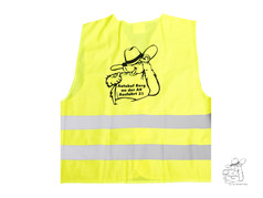 Neon-gelbe Warnweste mit zwei reflektierenden Streifen und dem schwarzen Autohof Berg Br Aufdruck.