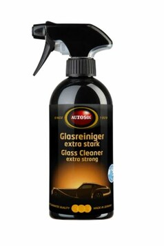 Schwarze Sprhflasche des Autosol Glasreinigers extra stark mit goldener Beschriftung.