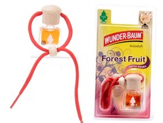 Wunder-Baum Autoduft Forest Fruit: Glasflakon mit orangefarbener Flssigkeit, Holzverschluss und rotem Band, in Verpackung.