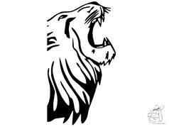 Schwarz-weier, brllender Lwenkopf im Profil. Das Design des halben bsen Lwen Aufklebers.
