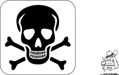 Schwarzer Totenkopf mit gekreuzten Knochen auf weiem Hintergrund in einem abgerundeten Quadrat.