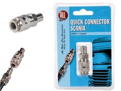 Metallischer AR Luftdruck Adapter fr Scania Serie 4 in blauer Blisterverpackung. Beschriftung: Quick Connector Scania.