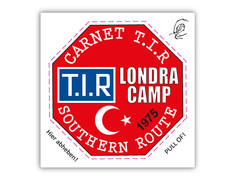 Roter, achteckiger Oldschool "Londra" Aufkleber mit weiem "CARNET T.I.R", "LONDRA CAMP" Text und Halbmond-Stern.