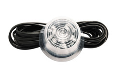 Gylle Ersatzglas mit mehreren LEDs, transparentem Glas und silbernem Gehuse, dazu aufgerolltes schwarzes Kabel.