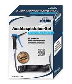 Ausblaspistolen-Set fr werkseitige Kupplung: schwarze Pistole mit blauem Griff und schwarzem Wendelschlauch auf Box.
