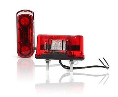 Rote LED-Kennzeichenleuchten, eine stehend, eine liegend, mit Befestigungsschrauben und Kabeln.