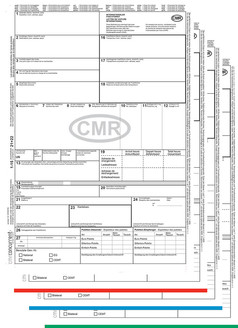 Weier CMR Frachtbrief fr Laserdrucker, mehrfach ausgefhrt mit farbigen Markierungen am unteren Rand.