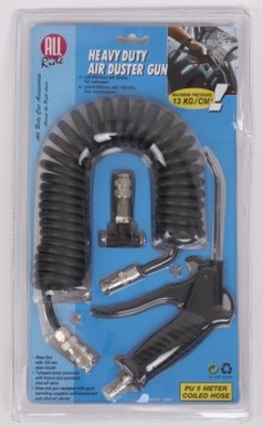 Verpacktes Heavy Duty Luftpistolenset mit schwarzem Spiralschlauch, Luftpistole und Metallanschlssen.