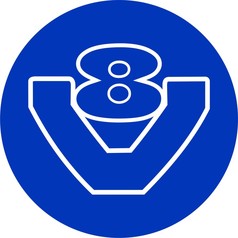 Blaues V8-Logo mit weier, leuchtender Umrandung fr ein LKW-Schild.