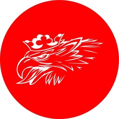 Grafik des bsen Vogels: Weier, gekrnter Greifenkopf auf rotem Hintergrund.