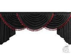 Schwarze LKW-Bettgardine DIVA aus Polyester mit 3 Bgen und bordeauxfarbenen Quasten.