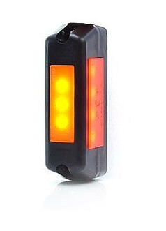 Schwarze LED-Markierungsleuchte mit orangefarbenen und roten Leuchtflchen.