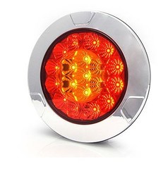 Runde Heckleuchte mit rotem und gelbem LED-Licht im Wabendesign und glnzendem Chromrand.