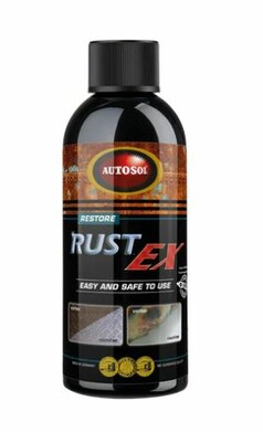 Schwarze Flasche Autosol Rost EX mit schwarzem Deckel. Das Produktlabel zeigt den Namen und rostige Texturen.