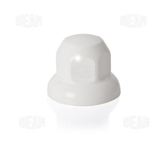 Weie Kunststoff-Radmutterkappe auf weiem Hintergrund.