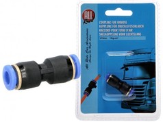 Schwarze Schnellkupplung mit blauen Ringen, lose und in blauer Verpackung mit Aufschrift "KUPPLUNG FR DRUCKLUFTSCHLAUCH  6mm".