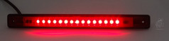 Leuchtende rote LED Stopp-Lichtleiste mit dunklem Gehuse, mehreren LEDs und Befestigungslchern.