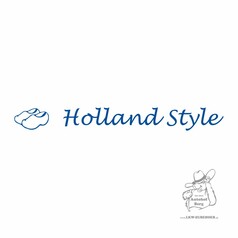 Blauer Aufkleber mit stilisierten Klompen und dem Schriftzug "Holland Style" auf weiem Grund.
