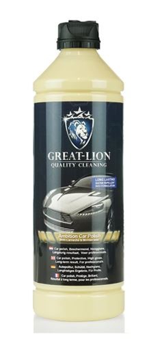 Flasche Great Lion Ambition Car Polish mit Carnauba & Montanwachs, cremefarben, schwarzer Deckel.
