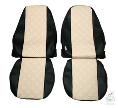 Paar LKW-Sitzbezge aus schwarzem und cremefarbenem Kunstleder mit gewaffeltem Mittelteil.
