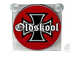 Quadratischer Leuchtkasten mit rundem, rotem "Oldskool Kreuz" Design und Saugern.