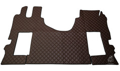 Braunes, einteiliges Bodenset aus gestepptem Kunstleder fr LKW-Fahrerhaus. Mit Aussparungen fr Sitze.