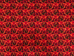 Roter Plschstoff mit schwarzem und gelbem, abstraktem Muster.