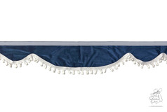 Dunkelblaue Velour Bordre fr LKW mit tiefer Welle und weien Bommeln.