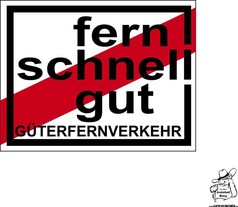 Aufkleber mit schwarzem Text "fern schnell gut GTERFERNVERKEHR" auf weiem Grund mit roten Streifen.