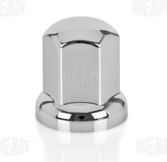 Eine einzelne, lange, chromfarbene Radmutterkappe "BEAM" aus Kunststoff auf weiem Hintergrund.