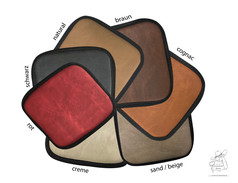 Farbbersicht: Glattes Kunstleder in Rot, Schwarz, Natural, Braun, Cognac, Sand/Beige und Creme.