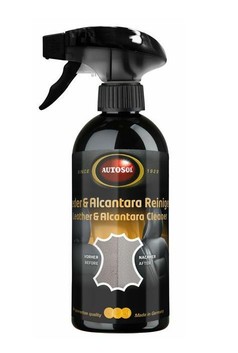 Schwarze Sprhflasche Autosol Leder & Alcantara Reiniger. Das Produkt reinigt Leder und Alcantara effektiv.