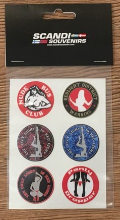 Scandi Stickerset mit runden Aufklebern in Rot, Schwarz, Blau. Zeigt Redlight-Motive wie Tnzerinnen und Warnschilder.