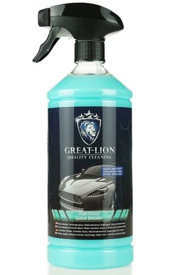 Eine blaue Great Lion Quick Detailer High Gloss Sprhflasche mit schwarzem Sprhkopf.