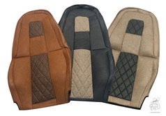 Drei LKW-Sitzbezge aus Kunstleder in Braun, Dunkelgrau und Beige. Mit gestepptem, perforiertem Rautenmuster in der Mitte.