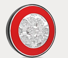 Rundes rotes LED Nebel-Rcklicht mit silbernem Rand und klaren Linsen.