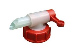 Abfllhahn aus rotem und weiem Kunststoff mit rotem Verschluss und Hebel.