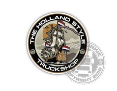 Runder, farbiger Aufkleber mit Segelschiff, niederlndischen Flaggen und dem Text 