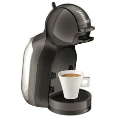 Schwarze Krups Dolce Gusto Mini ME Kaffeepadmaschine mit transparentem Wassertank und weier Kaffeetasse.