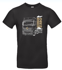 Schwarzes Baumwoll-T-Shirt mit weiem LKW-Motiv und goldfarbenem "German Star" Schriftzug.