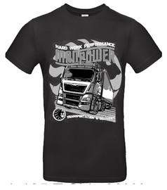 Schwarzes Baumwoll-T-Shirt mit groem, grauem LKW-Print und den Schriftzgen "MANPOWER" und "HARD WORK PERFORMANCE".