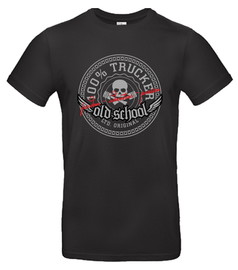 Schwarzes T-Shirt aus Baumwollmischgewebe mit groem, grauem "100% TRUCKER old school freedom" Aufdruck, Totenkopf und Flgeln.