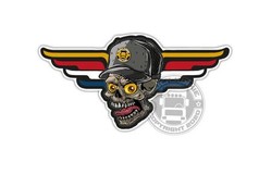 TJ Aufkleber Skull Wings: Grauer Totenkopf mit gelben Augen und grauer Kappe, umrahmt von gelb-rot-blauen Flgeln.