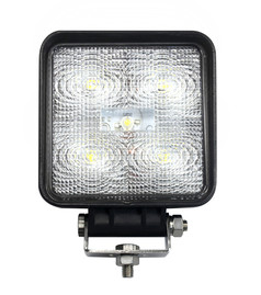 Quadratische LED-Arbeitslampe mit schwarzem Gehuse, klarer Linse und Edelstahl-Montagehalterung.