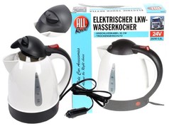 Weier All Ride LKW-Wasserkocher mit schwarzem Deckel und Griff, daneben Kabel mit Stecker. Produktverpackung im Hintergrund.