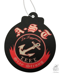 Runder schwarzer Lufterfrischer mit rotem und cremefarbenem Design. Zeigt Anker, 